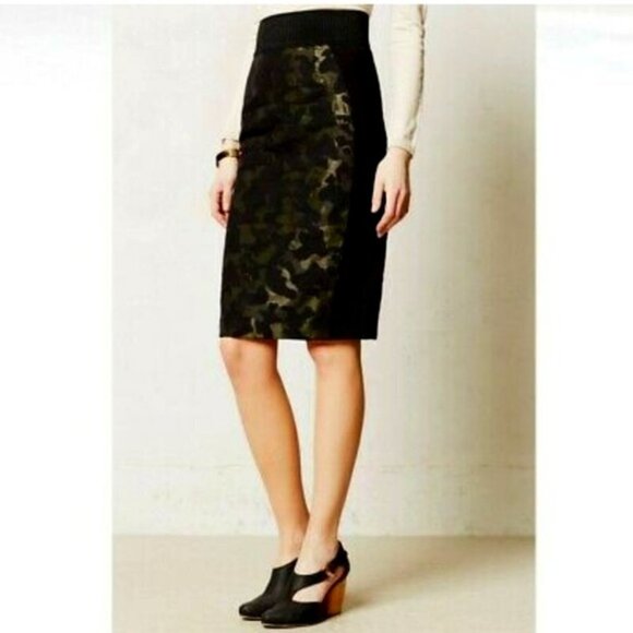 Anthropologie Maeve Jacquard Camo Khaki & Black Side Stripe Pencil Skirt 4 - Picture 16 of 16